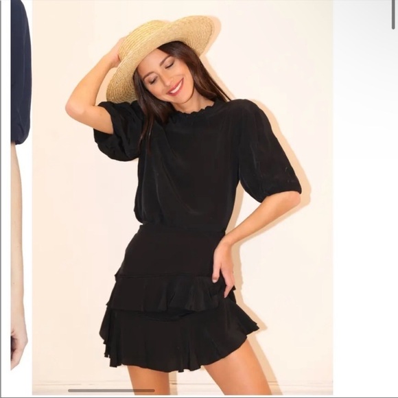 Something Navy SET Puff Sleeve Ruffle Blouse AND Ruffle Skirt Black Set Sz L - Picture 1 of 12